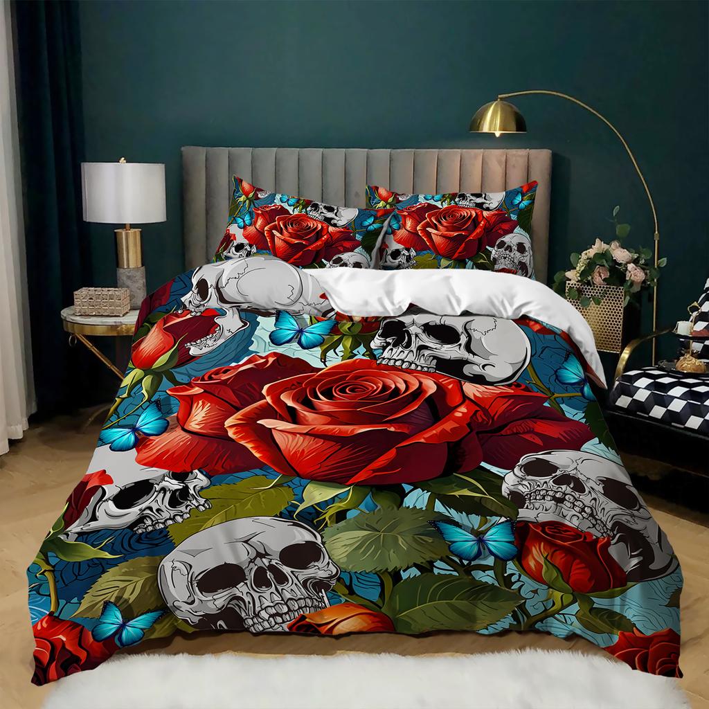 3pcs Gothic Red Roses and Skulls Bedding Duvet Cover Set Skull and Rose Bedding Set Vintage Themed Romantic Roses Bedroom Decor