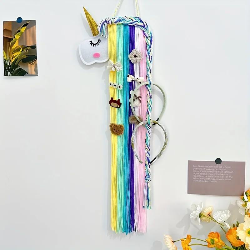 Handmade Boho Unicorn Wall Hanging Organizer - Felt Animal Head Hair Accessory Storage Strip, Charming Room Decor for Girls