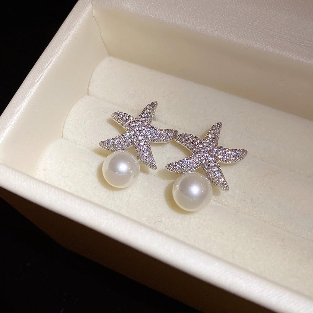 Crystal Starfish Pearl Stud Earrings Ocean Style Starfish Starfish Ear Studs  Women
