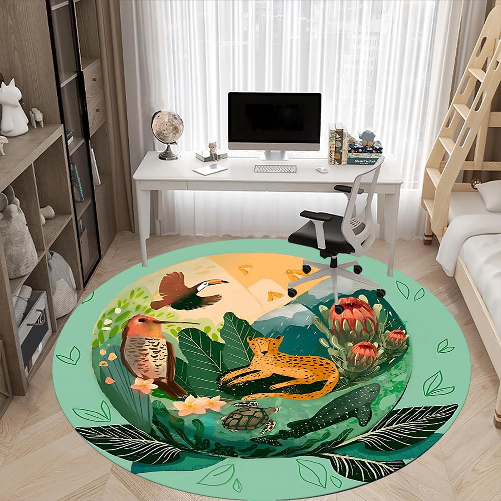 1PC Jungle Safari Office Round Area Rug, Indoor Mat Suitable ForOffice, Under Office Chairs Bedroom Living Room Home Decor, Room Deco, D035