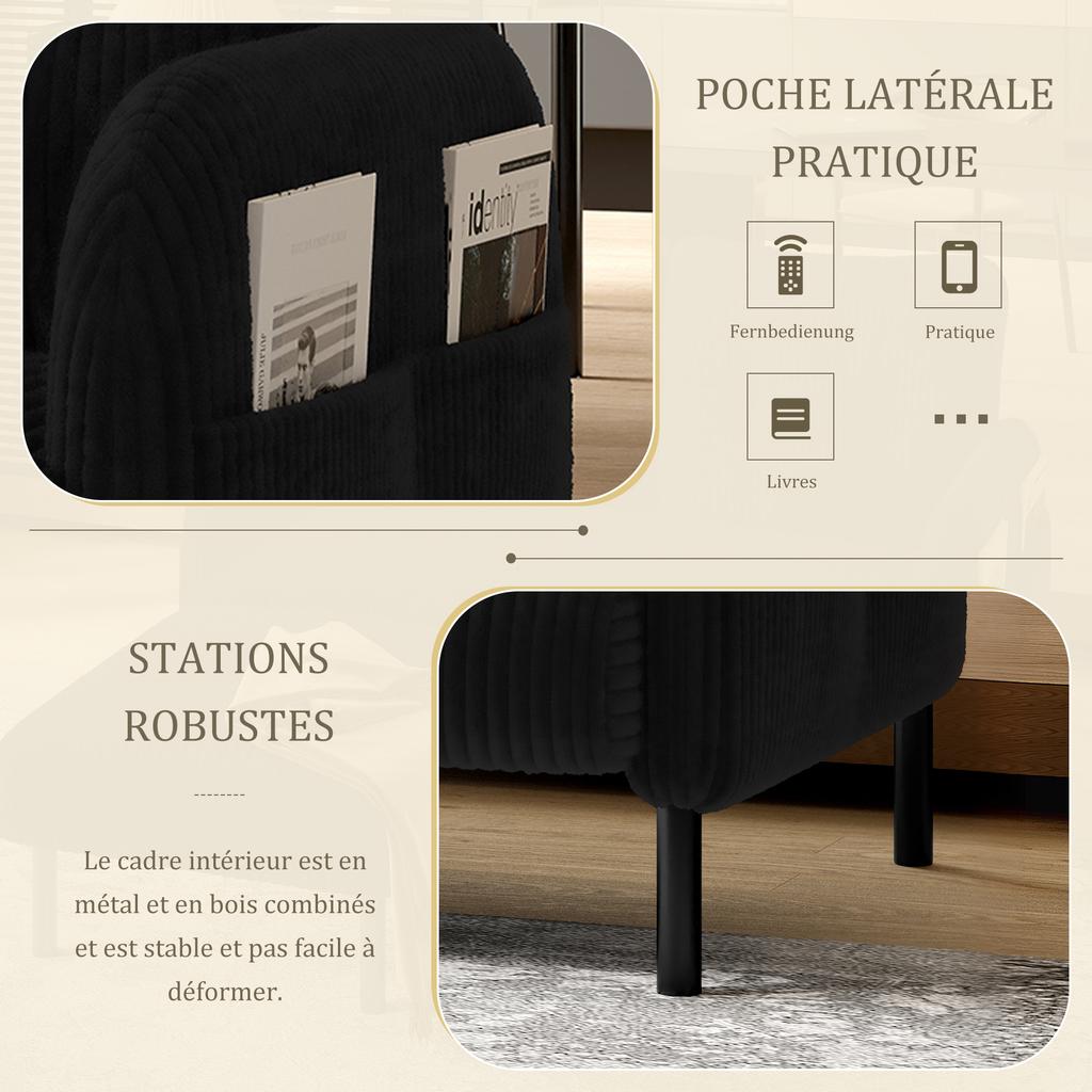 Zweisitzer aus Cord, Komfortpolsterung, Hohe Rückenlehne & Seitentaschen, Metallfüße, Einladende Weichheit, Optimaler Halt, Perfekt für Home-Office-Lounges