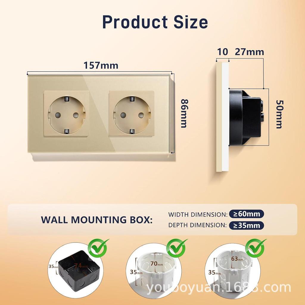 Złoty Panel Ze Szkła Hartowanego Okrągłe Rosyjskie Gniazdko Ścienne 16A – Ukryty Design