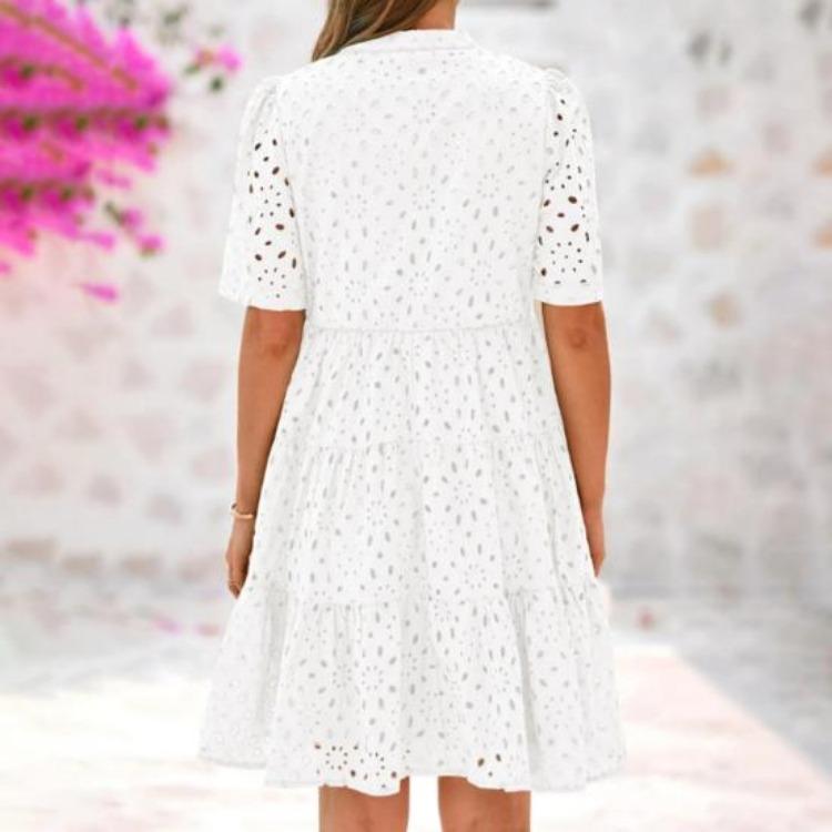 Summer Women's Flowy V-Neck Sundress Casual Hollow Out Midi Dress A-Line Tiered Eyelet Short Sleeve Beach Dress