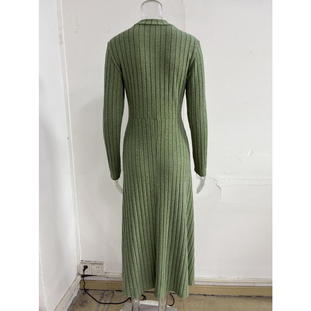 Fall Winter Solid Color Crew Neck Brushed Ribbed Maxi Dress Elegant Fashion Long Dress for Women European American