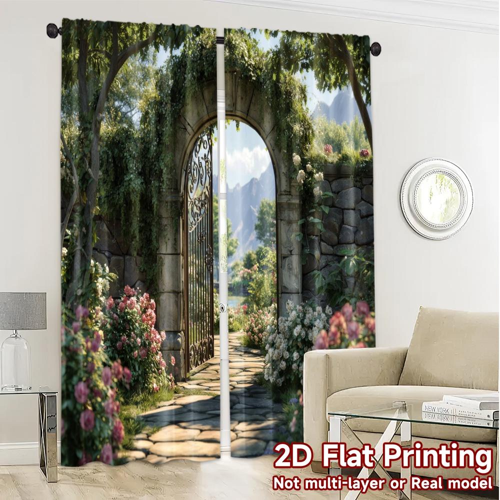 2pcs, 2D FLAT PRINTING Curtains (Without Rod) Garden Gateway(1) Chic Contemporary Curtains Versatile 100% Polyester Curtains