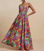 Women's V Neck Sleeveless A Line Dress Slim Fit Mid Rise Boho Floral Print Spaghetti Strap Maxi Dress