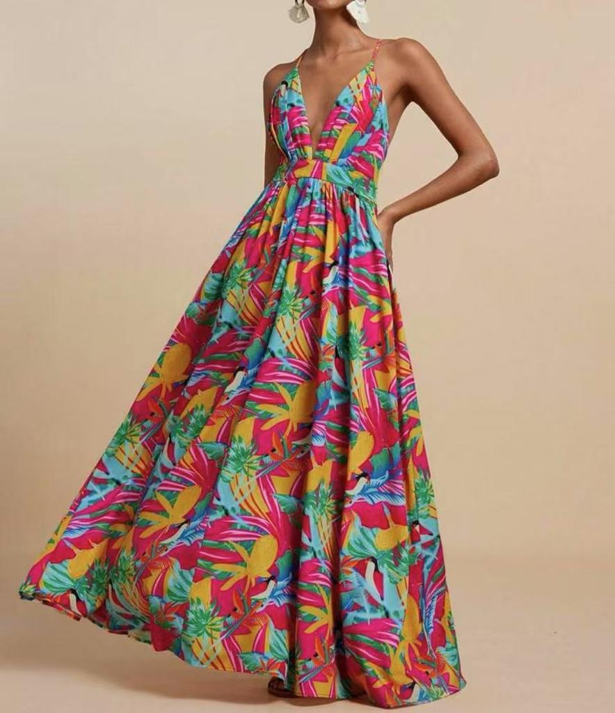 Women's V Neck Sleeveless A Line Dress Slim Fit Mid Rise Boho Floral Print Spaghetti Strap Maxi Dress