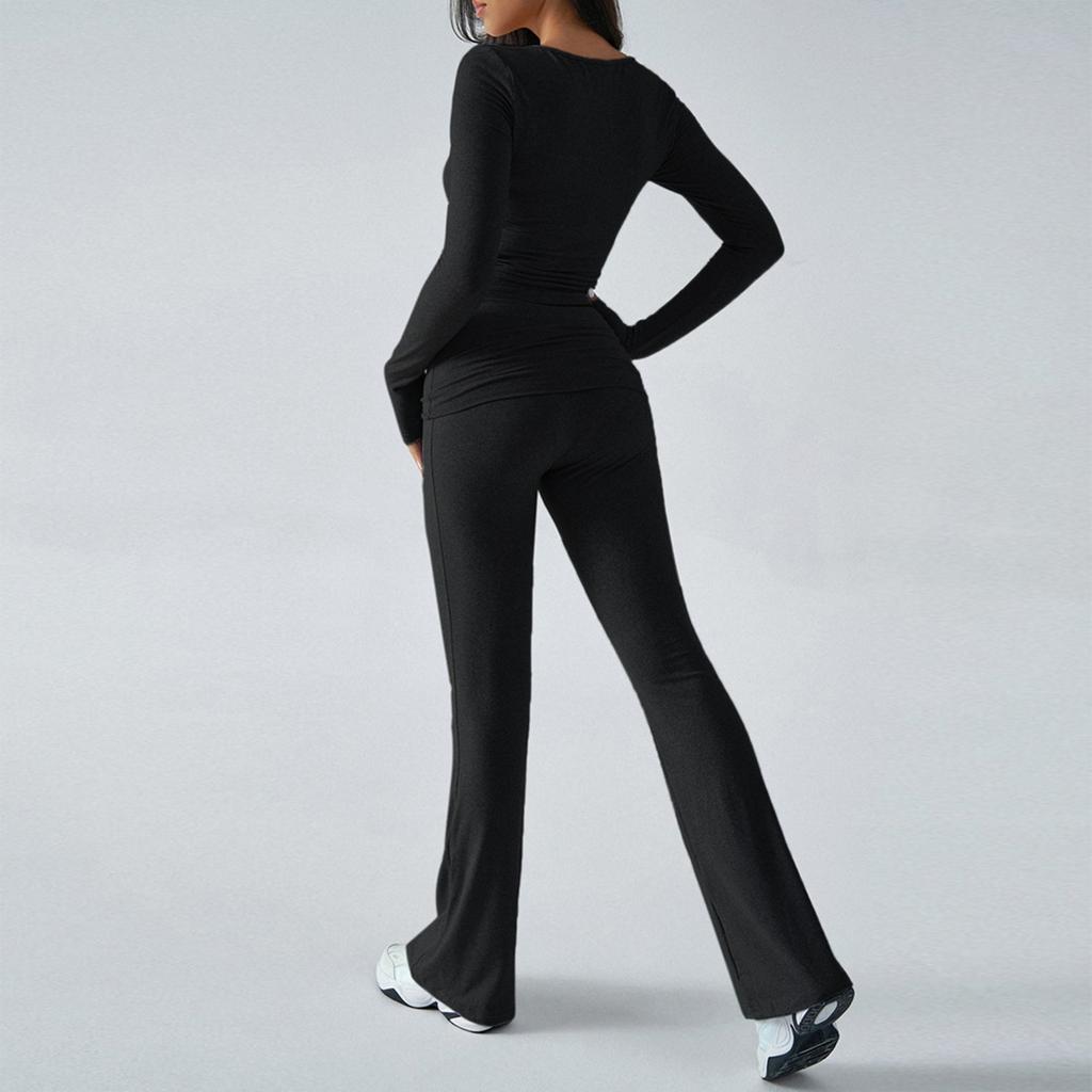 Completi da Donna Autunnali Due Pezzi Top a Maniche Lunghe Magliette Pantaloni a Gamba Larga Set