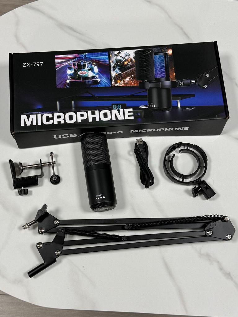 RGB USB Microphone with Desktop Boom Arm, One-Key Mute, Monitoring for Streaming, Gaming, Recording, KTV.