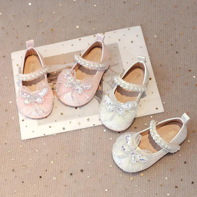 Girls Mary Janes Crystal Flats for Wedding Party Kids Sequined Butterfly-knot with Lace Princess Sweet Children Glitter Shoes