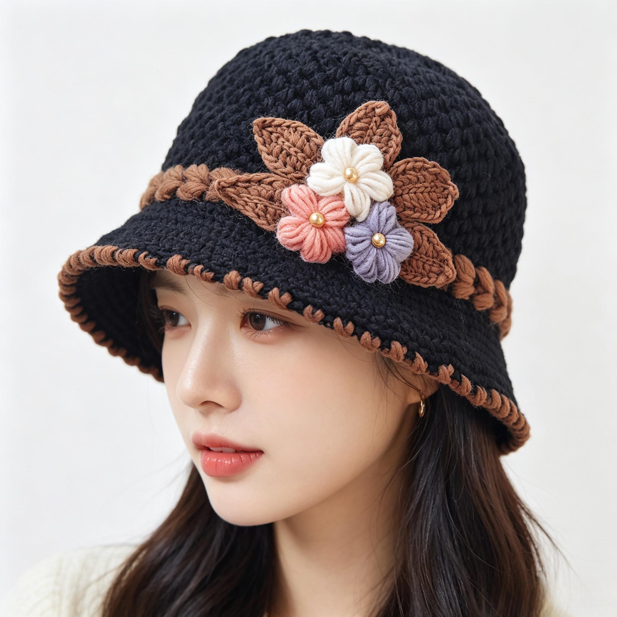 Knitted Hat Women S Autumn And Winter Wool Hat Classic Winter Women S Hat Flower Fleece-Lined Bucket Hat Mother Warm Winter Hat One Size