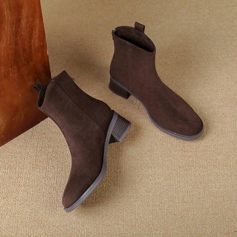 Autumn and Winter Women's Suede Rear Zipper Martin Boots Solid Color Round Head Medium Heel Large Size Women's Boots Round Head New Medium Boots