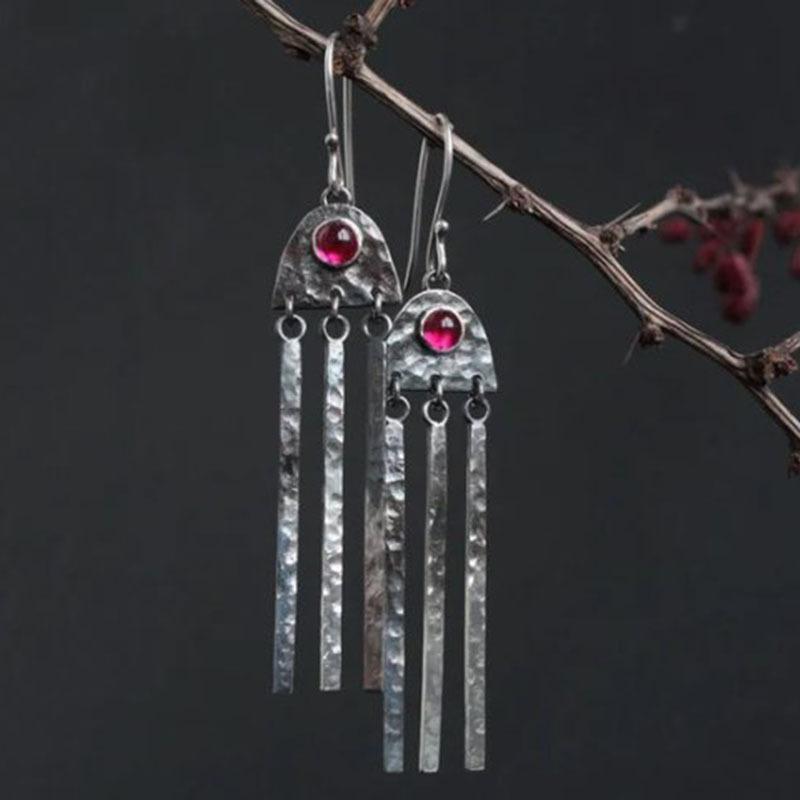 Vintage Silver Color Round Tassels Carving Round Red Stone Dangle Earrings for Women