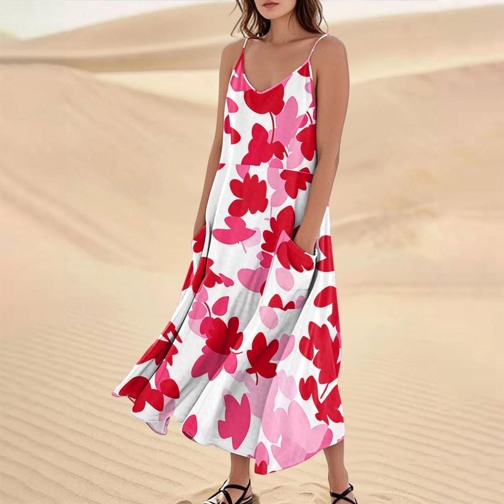 Damenmode Lässig Ärmellos Tasche Langes Strandkleid mit Blumendruck