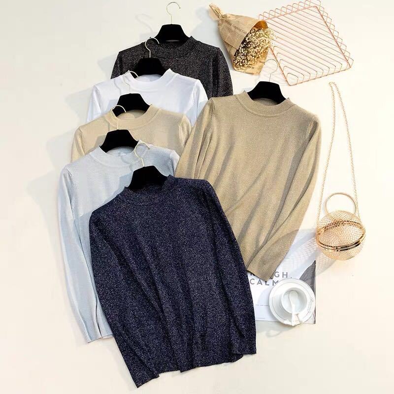Shiny and Glittering Thin Sweater for Women Loose Knitted Sweater for Autumn Round-neck Pullover Long-sleeved Top