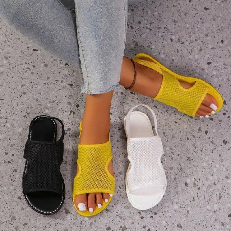 Large Size Mesh One-Word Belt Hollow Cool Slippers Summer New Flat Bottom Round Head Beach Women'S Shoes