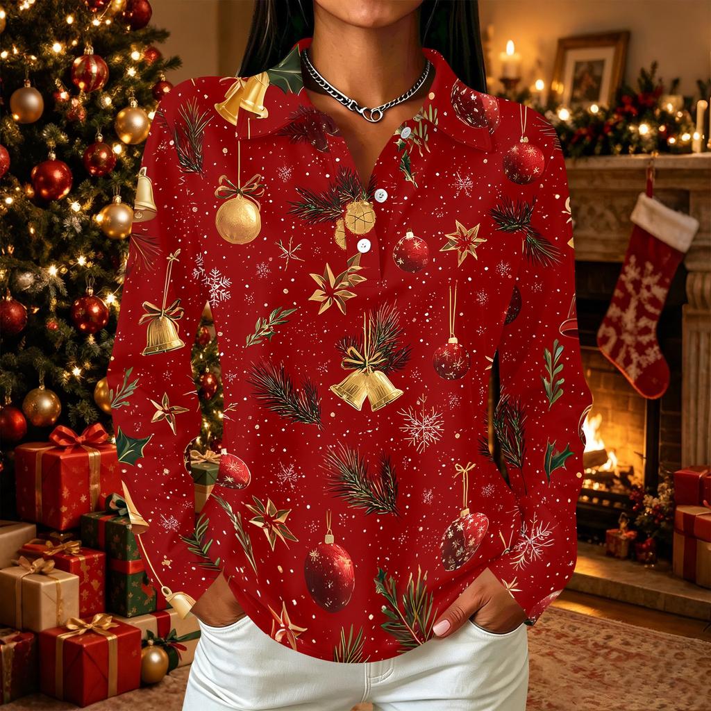 Women's Casual Long Sleeve Christmas Print Button Front Top with Collar and Side Slits