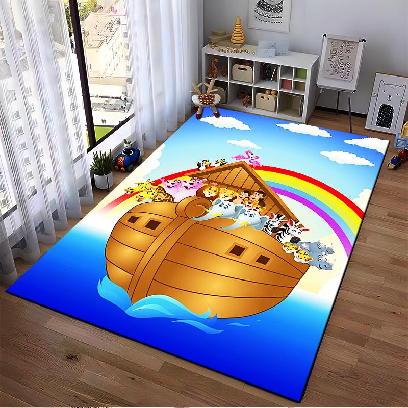 Noah's Ark Cartoon Carpet with Animals, Rainbow, and Blue Sky Design Suitable for Use As an Anti-slip for Living Room Bedroom Sofas