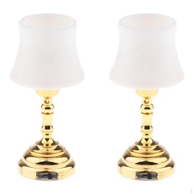 1:12 Scale Dollhouse Battery Operated LED Desk Lamp, Golden Base with White Lampshade, 2pcs/set