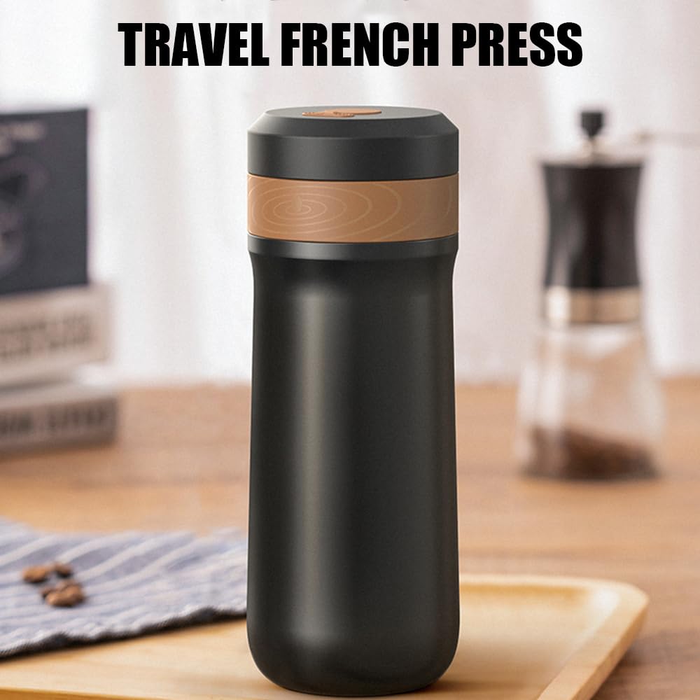 Hosioe Travel French Press Coffee Maker with 2-Layer Filter Mesh, Double-Walled Stainless Steel Vacuum Insulated Coffee Maker Cup for Coffee and Tea,