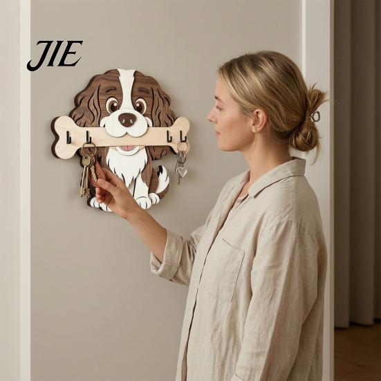 Decorazione Rustica Porta Chiavi da Parete in Legno, Gancio da Ingresso a Forma di Cane che Tiene un Osso, Organizer da Parete per Casa, Cucina, Corridoio,