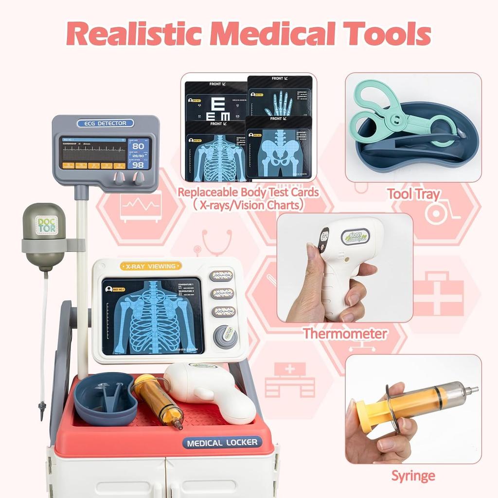 Pretend Play Doctor Kit for Kids with Cart Stethoscope Doctor Kit for Toddlers Role Play Medical Toy Birthday Gift for Girl Boy