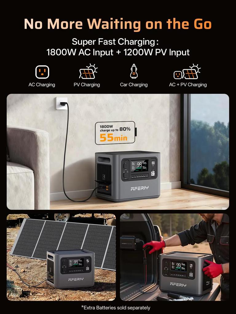 AFERIY P280 Stazione di Alimentazione Portatile 2800W, Batteria LiFePO4 da 2048Wh, Onda Sinusoidale Pura, Capacità Espandibile, 13 Porte