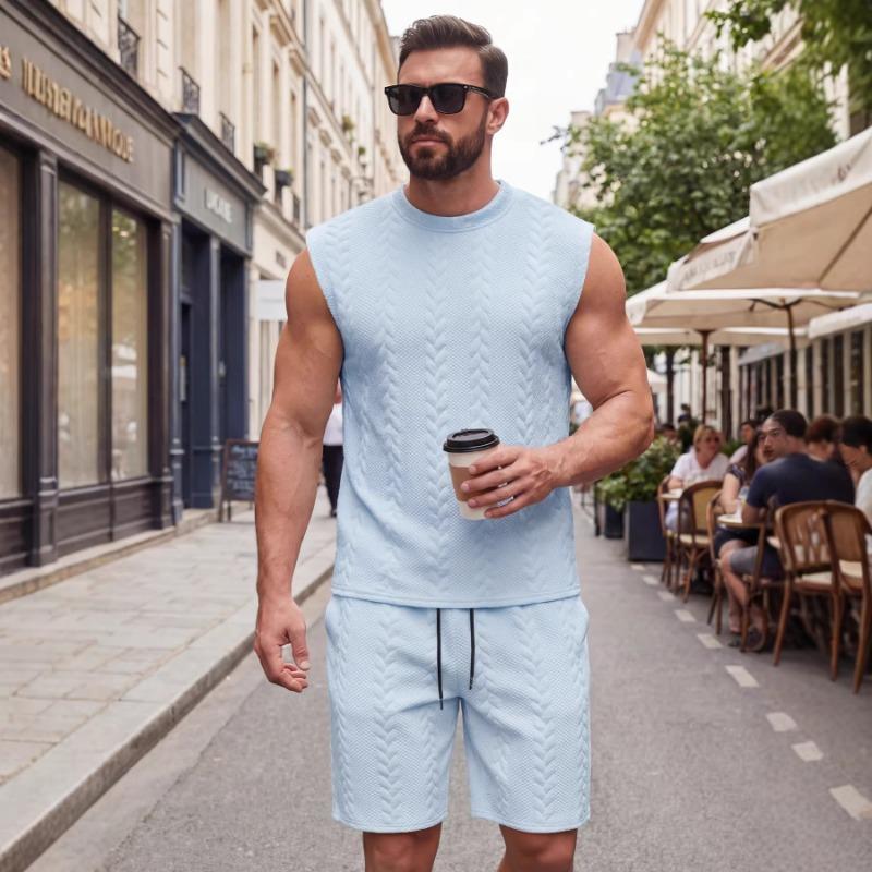 Mens Textured Sleeveless Top And Drawstring Shorts Two Piece Set