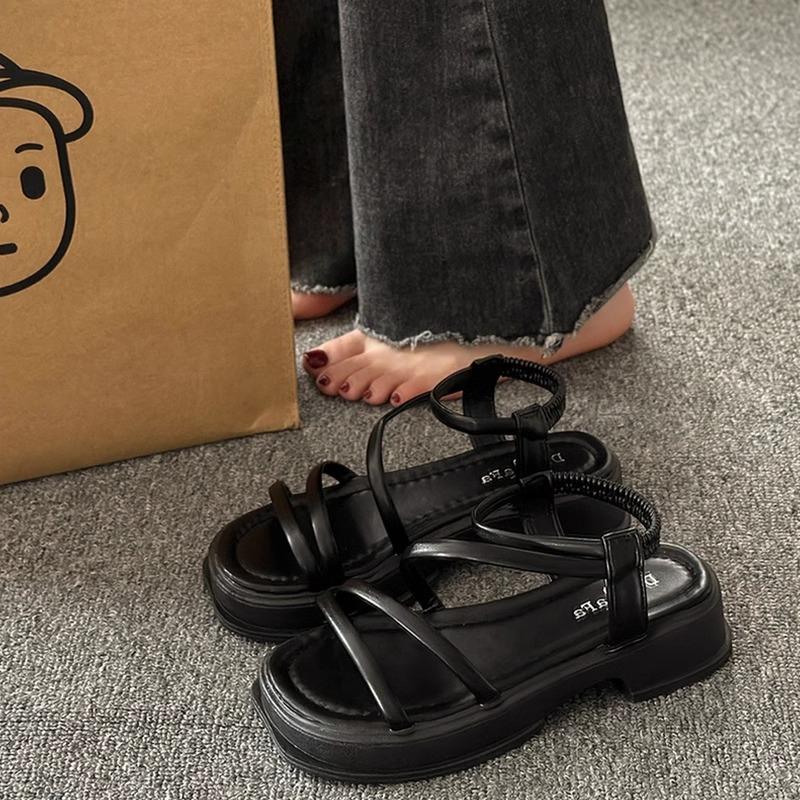 Thick-soled one-word sandals women's 2025 new summer wear soft-soled casual beach Roman shoes women