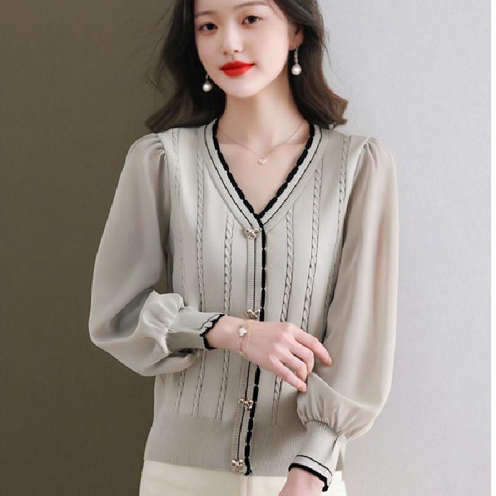 V-neck Patchwork Women's Short, Stylish, Thin Long-sleeved Top