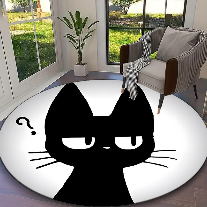 Black Cat Rug Ideal for Reading Room, Multi-purpose Office Chair Sofa Carpet, Anti-slip Printed Home Round Rug