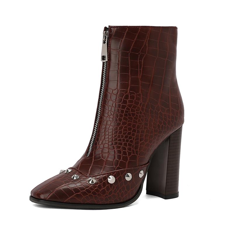 

FOREADA Women Ankle Boots Round Toe Chunky High Heels Rivets Zipper Short Boots Ladies Fashion Shoes Winter Black Blue 46 39 вино красного