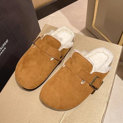 Damenschuhe 2024 Marke Baotou Damen Hausschuhe Mode Gürtelschnalle Tägliche Hausschuhe Damen Neue Kurze Plüsch Warm Halten Flache Hausschuhe