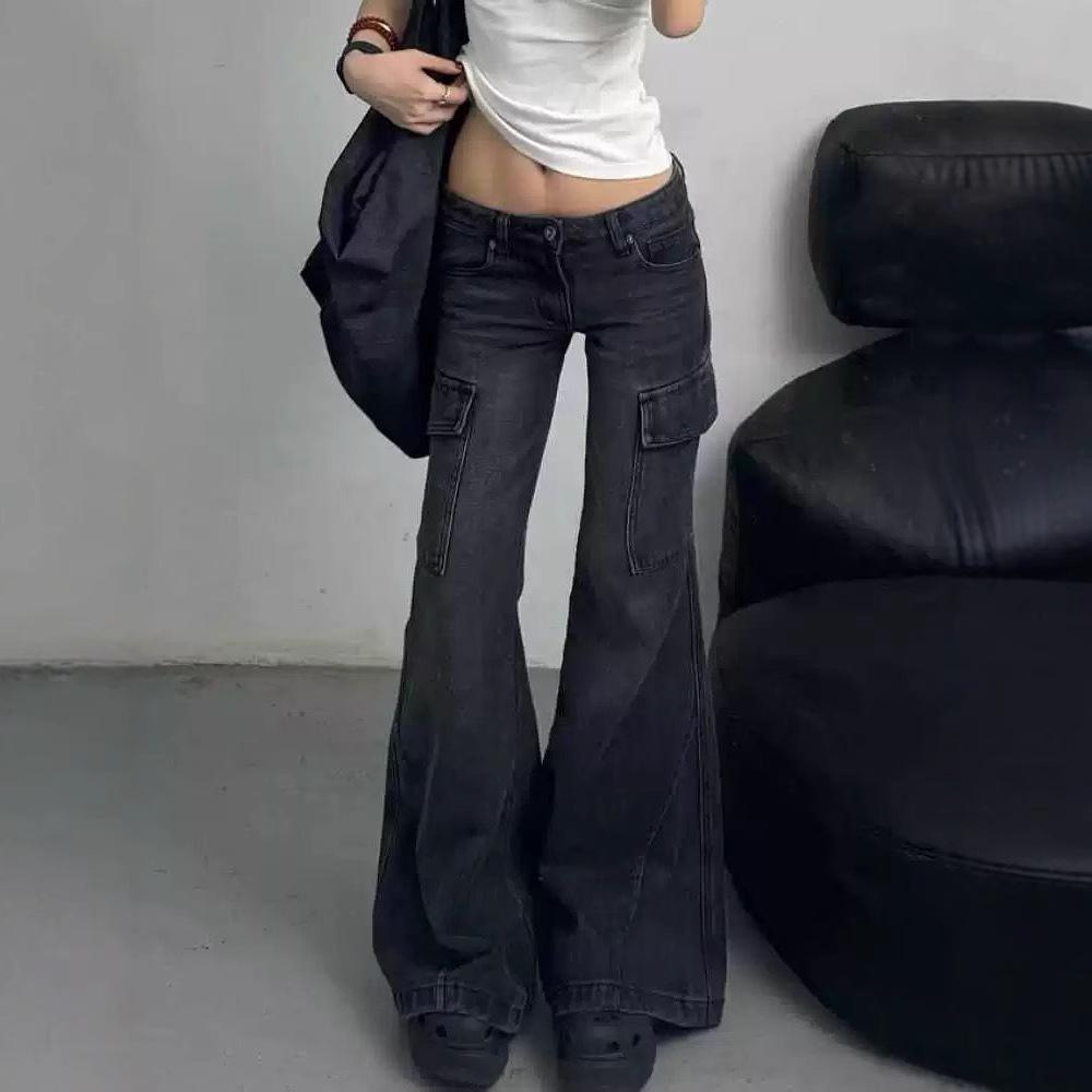 Women's Retro Flare Cargo Jeans - Spring Collection, Floor-Length Wide Leg Style