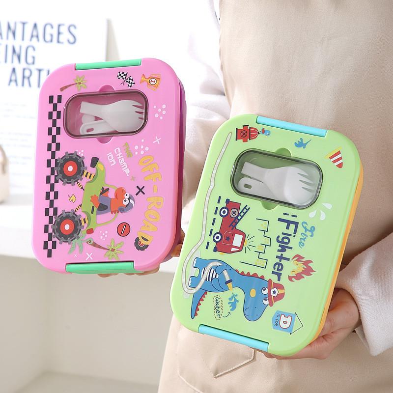 Cartoon Pattern Portable Meal Container With Three Compartments For Office And Picnic