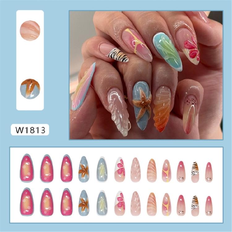 24Pcs French Almond Press On Nail with 3D Starfish Designs Acrylic Artificial Nail For Everyday Wear And Parties