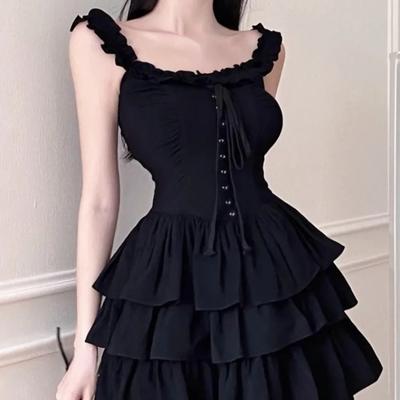 Wiosna 2026 Lolita Kawaii Sukienka na ramiączkach Soft Girl Goth Harajuku Bez ramion Odkryte plecy Seksowna Czarna Falbanki Sukienki imprezowe Y2k