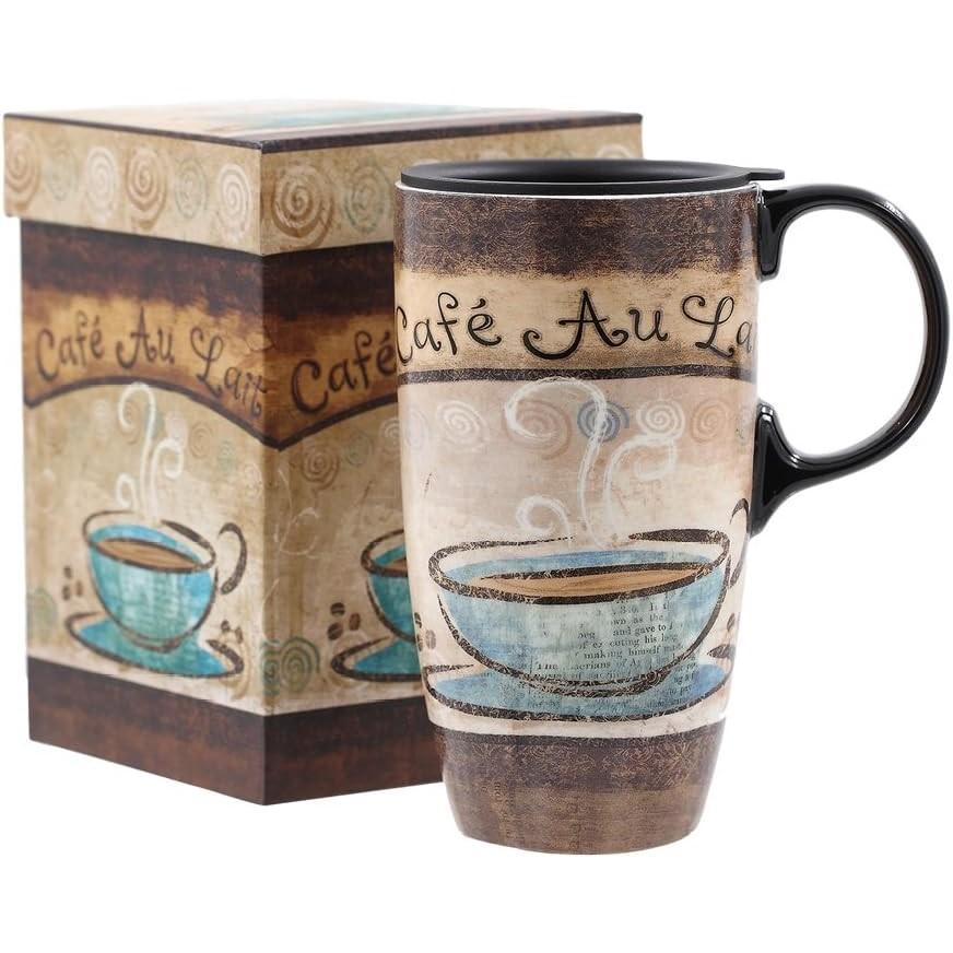 Tall Ceramic Travel Mugs 17 Oz. Sealed Lid With Color Box and Handle Coffee Cup