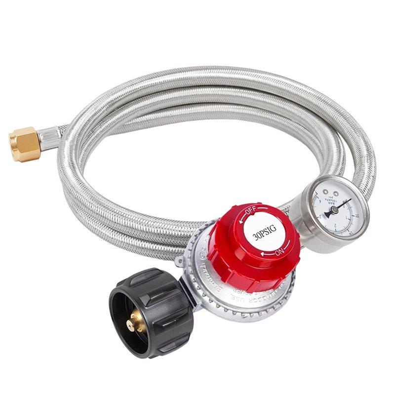 ABBP-Adjustable High Pressure Propane Regulator With Gauge, 5-Foot Stainless Braided Hose For Outdoor Cooking