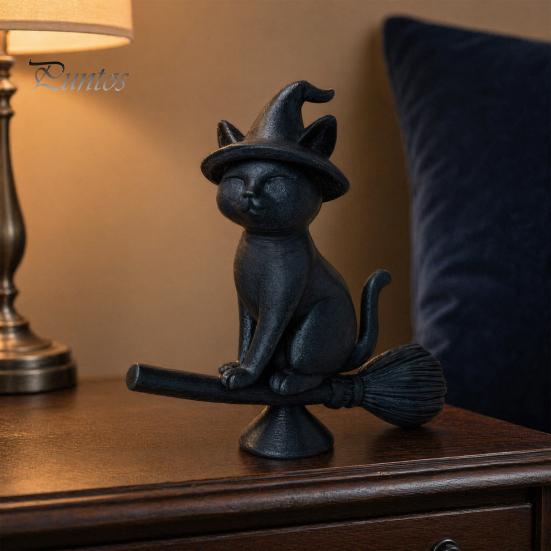 Exquisite Cat Collectible Witch Figurine, Black Riding Broom Statue, 3D Printed Figure Ornament, Desktop Decoration for Home Office Decor Ornament