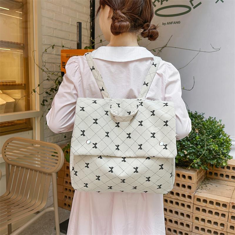 Vintage Corduroy Backpack Women's Bow Print Large Capacity Backpack