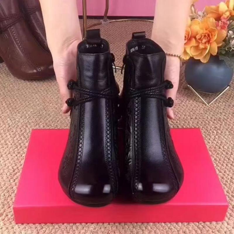 Retro Weiche Leder Stiefeletten, Baumwollstiefel, Damen Herbst- und Winter Einzelstiefel, Schuhe mit runder Spitze