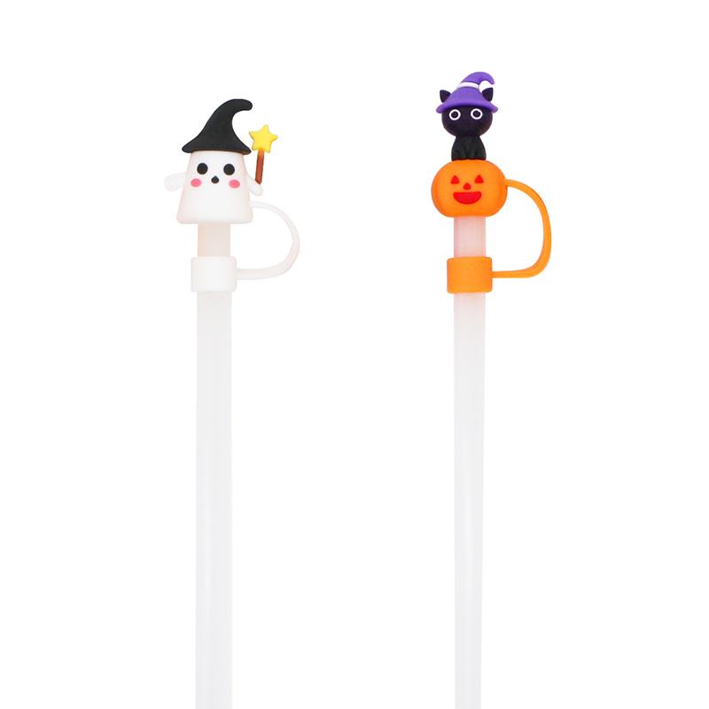 10Mm 0.4In Halloween Straw Cover Cap Silicone Straw Topper For Cup Kawaii 3D Reusable Straw Halloween Party Gift Decor