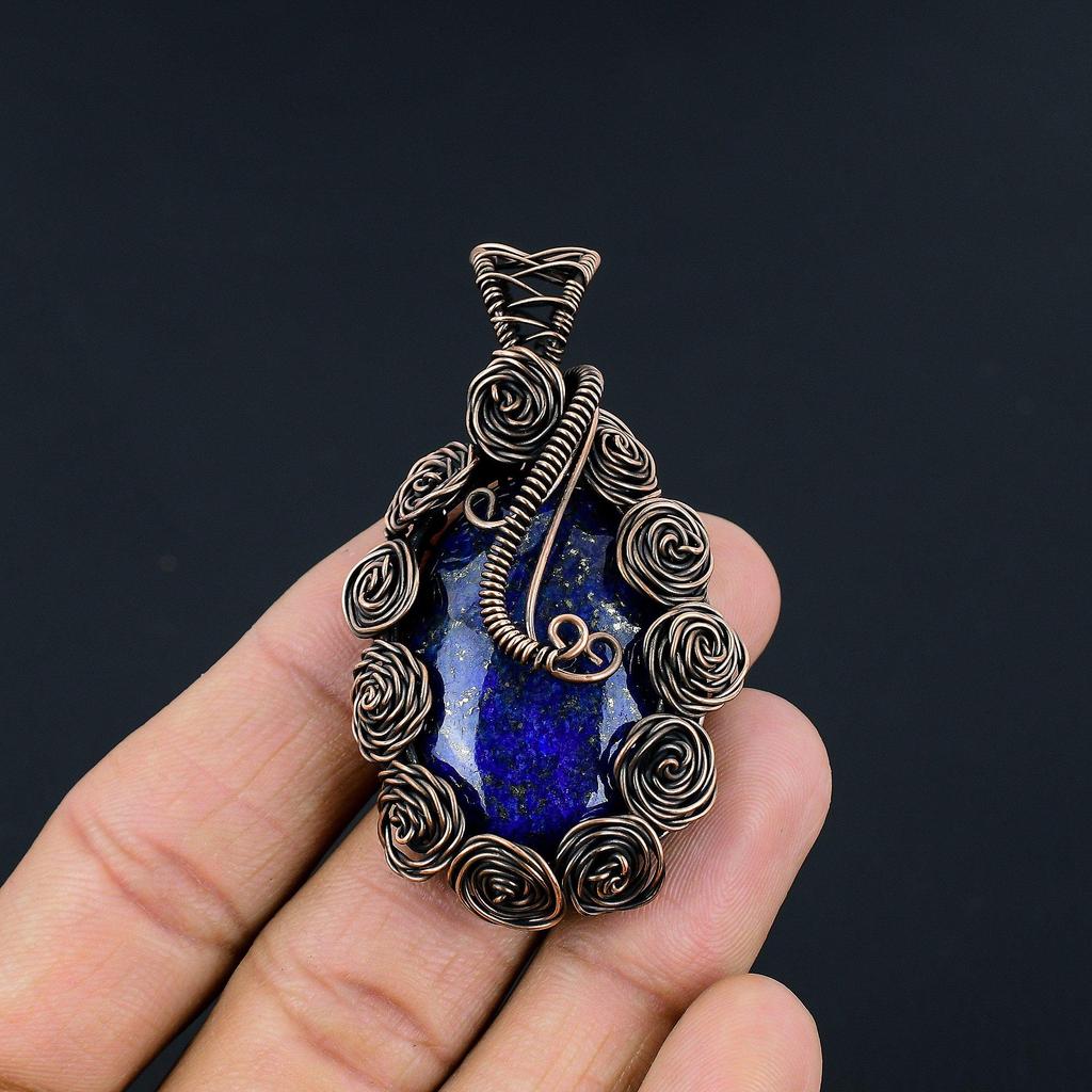 Lapis Lazuli Pendant Handmade Gemstone Jewelry, 999 Copper Wire Wrapped Pendant ,Unique Design Jewelry Pendant