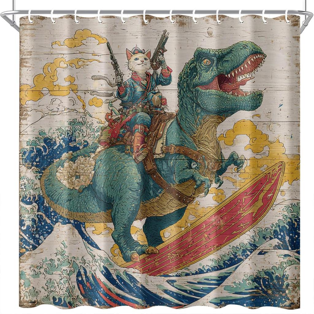 Tenda da Doccia Dinosauro Surfista 72X72 Pollici Arte Gatto Cyberpunk Fresco Arredo Bagno Stile Onda Giapponese Tessuto Impermeabile