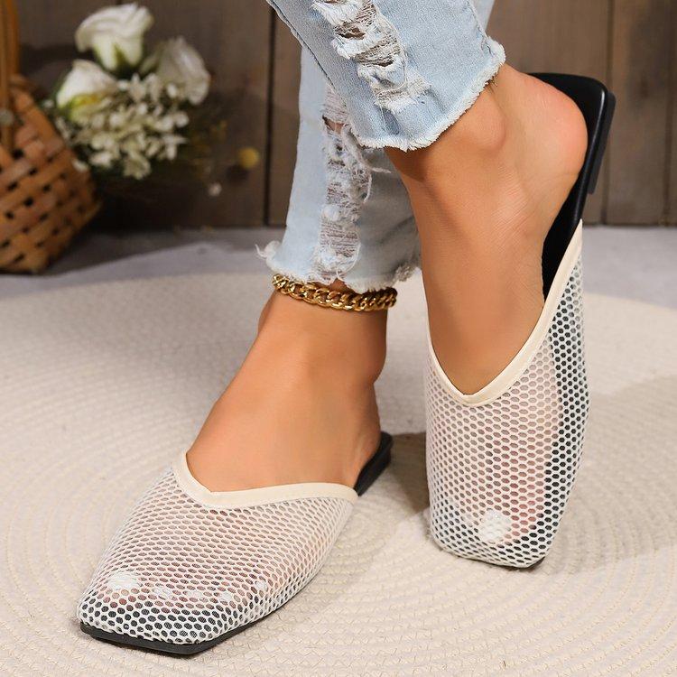 Fashion Women's Solid Color Simple Baotou Slippers Summer New Mesh Breathable Fashion Casual Flat Slippers Beach Sandals Zapatos Mujer