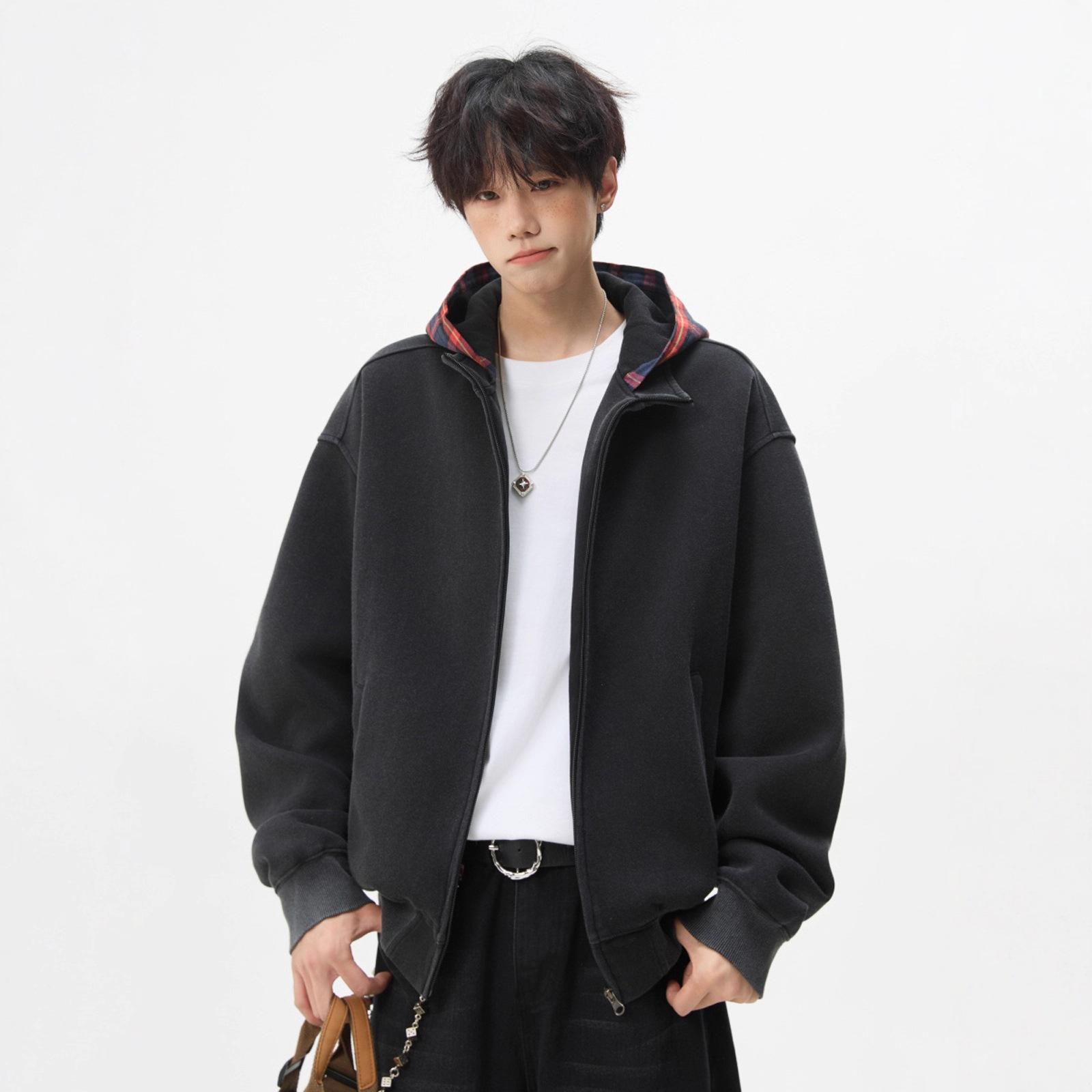 

Fake Two-piece Hooded Sweatshirt for Men and Women, Autumn Plaid Couple Coat, Retro Loose Cardigan Top XXXL