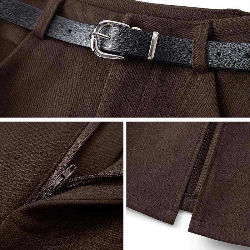 Women's Coffee Wool-Blend A-Line Skirt: High-Waisted, Slimming, Back Slit for Autumn/Winter 2025.