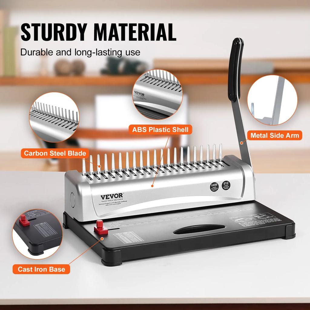 VEVOR Binding Machine, Comb Binding Machine 21-Holes Binding 450 Sheets, Book Binder Machine with 100 PCS 9.53 mm Comb Binding Spines