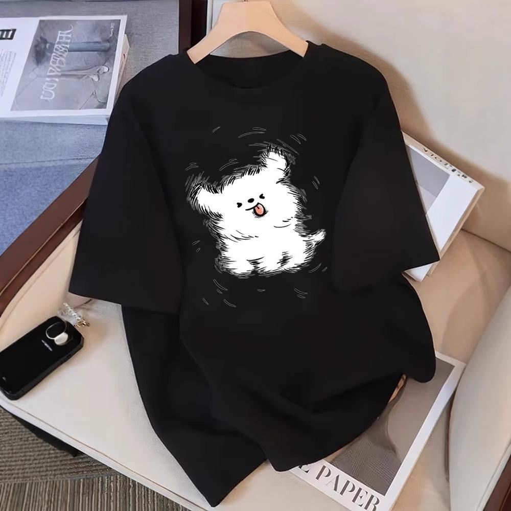 

2025 Белая хлопковая футболка свободного кроя с коротким рукавом для женщин - Летний европейский стиль M Premium Quality чёрный